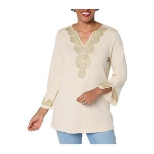 Bellisima Women's Slub Knit Boutique Beaded Tunic Sand Bar/Gold - Petite